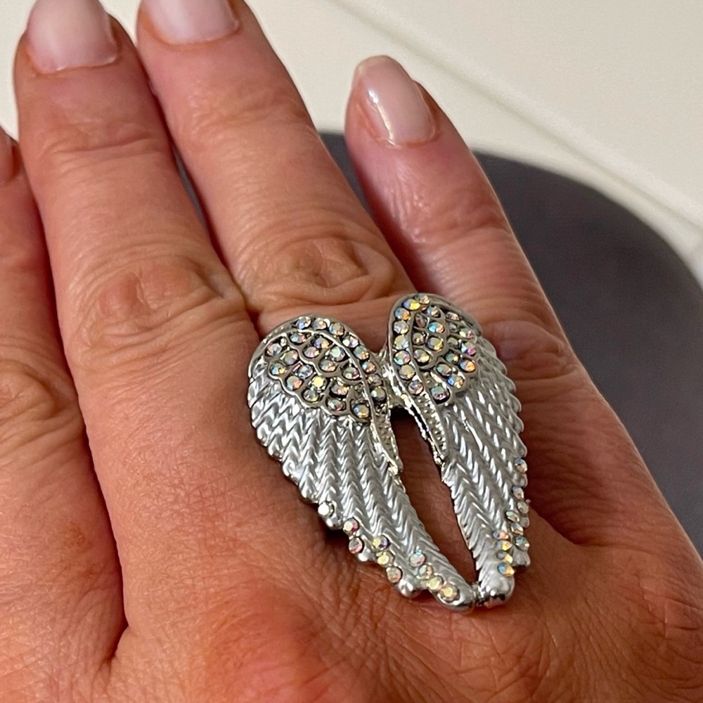 ❤️ Angel Wings Silver Rhinestone Adjustable Ring